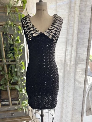 Vintage 80's a la Carte Black ZigZag Sequin Dress Collared Size M Stretchy Lace - Image 1 of 4