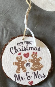 Our 1st Christmas As Mr & Mrs Gingerbread Handmade Tree Decoration Wood Slice - Picture 1 of 2