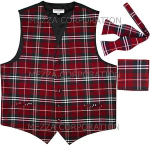 New Vesuvio Napoli Men's plaid Tuxedo Vest_Self Tie Bowtie & Hankie set Red - Picture 1 of 4