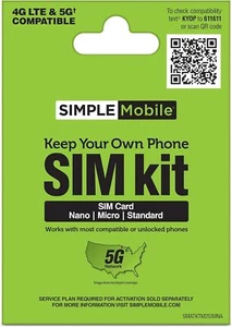 Simple Mobile 5G Gardez votre propre téléphone activation prépayée 3-en-1 CDMA carte SIM KIT - Photo 1 sur 4