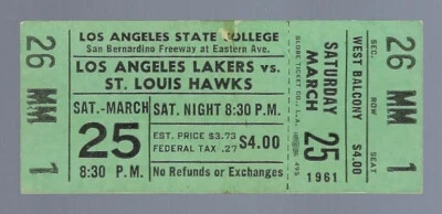 Винтажный полный билет 1960-61 NBA WESTDIVISION PLAYOFF HAWKS @ LOS ANGELES LAKERS - Изображение 1 из 3