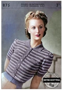 1940s Striped Cardigan-Sweater Knitting Pattern - Copy - Bust 34 - Picture 1 of 2