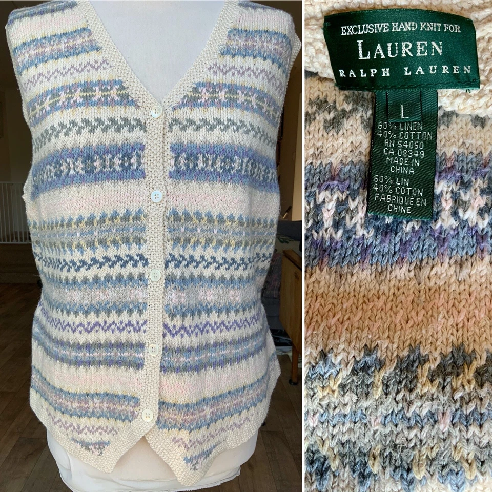 RALPH LAUREN HAND KNITTED FAIRISLE WAISTCOAT TANK TOP L designer LINEN FESTIVAL  - Image 1 of 4