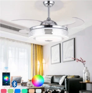 42" Remote Invisible Ceiling Fan Light 7-Color LED Chandeliers+Bluetooth Speaker - Picture 1 of 11