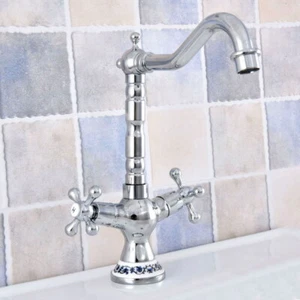 Polished Chrome Swivel Kitchen Vessel Faucet Dual Cross Handles Sink Mixer Tap - Picture 1 of 8