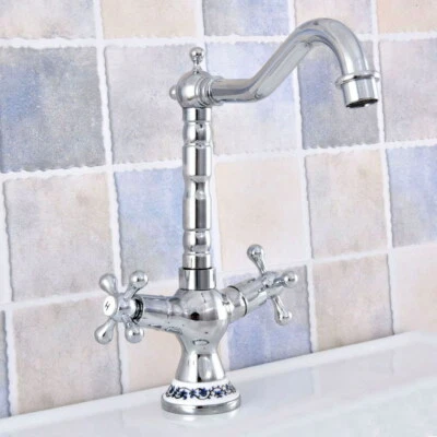 Polished Chrome Swivel Kitchen Vessel Faucet Dual Cross Handles Sink Mixer Tap - Image 1 of 4