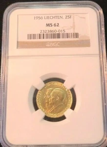 1956 LIECHTENSTEIN GOLD 25 FRANKEN NGC MS 62 VERY SCARCE LOW MINTAGE - Picture 1 of 6
