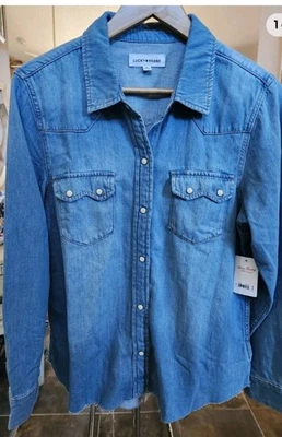 Camisa vaquera LUCKY BRAND perla a presión dobladillo crudo estilo diente de sierra azul índigo M Foto 1 de 4