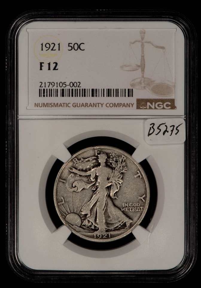 1921 50c Walking Liberty Silver Half Dollar - Key Date - NGC Fine 12 - SKU-B5275 - Image 1 of 4