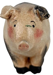 VTG hand painted wooden numbered Black Spot Pig Seated Small Made In USA Signed - Picture 1 of 7
