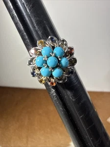 925, Sterling Silver Sleeping Beauty Turquoise & Gemstone Cluster Ring Sz 8.5 - Picture 1 of 8