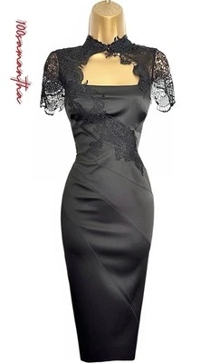 NEW Karen Millen Size UK 16 VINTAGE LACE SATIN COCKTAIL PENCIL DRESS IN BLACK - Image 1 of 4