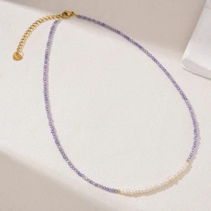 White Pearl & Blue Iolite Faceted Round 2-3MM Multi Gemstone Beaded Necklace 18" - Picture 1 of 10