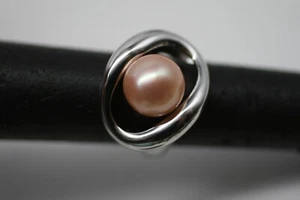 LARGE Pink Cultured Freshwater Pearl Rhodium Over Sterling Silver Ring Sz 9 R9 - Picture 1 of 6
