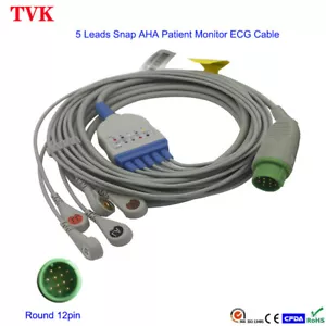 Schiller TM910 5 leads ECG Cable, Snap, AHA, Round 12pin, Compatible EKG Cable - Picture 1 of 5