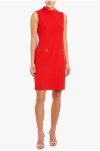 Sharagano Mock Neck Sleeveless Dress Red Size 6 Faux Zippered Pockets EUC - Picture 1 of 10