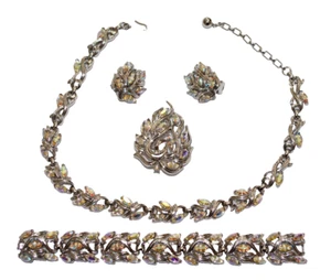 NEW Iridescent Rhinestone Trifari Set: Necklace - Bracelet -Brooch - Earrings - Picture 1 of 10