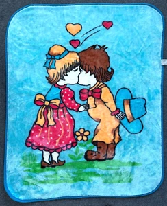 Vintage Blue Baby Blanket Boy Girl Kissing Hearts Soft Plush 42x51" - Picture 1 of 5