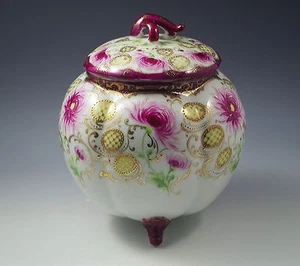 ANTIQUE NIPPON FOOTED BISCUIT OR CRACKER JAR FLOWERS, GOLD MORIAGE GORGEOUS - Picture 1 of 8