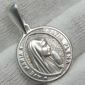 925 Sterling Silber Ikone Anhänger Medaille Muttergott Maria Ave Maria Schrift Text - Bild 1 von 12