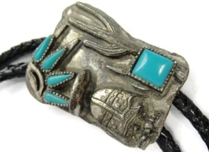 Silver Plated Turquoise Corded Bolo Neck Tie Buckle Maker's Mark? - Picture 1 of 10