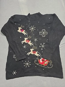 Victoria Jones Sweater Womens Large Black Christmas Beaded Embroidered Santa - Picture 1 of 17