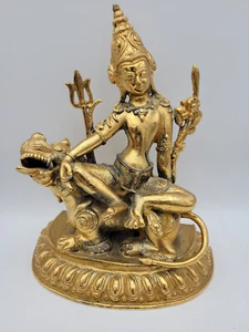 Escultura asiática de bronce Simhanada Lokeshvara con rugido de león, chapada en oro - Imagen 1 de 10