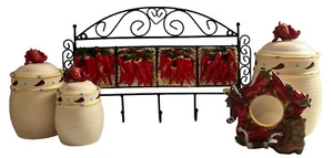 Vintage Southwestern Chili Pepper Kitchen Decor, Stoneware Jars, Wall Hooks - Picture 1 of 9