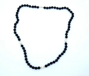 Vintage WW Black ONYX White Culture PEARL 14k Gold 6 mm Bead 20" Strand Necklace - Picture 1 of 3