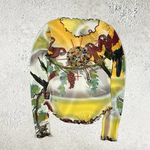 RARE Jean Paul Gaultier Women's Y2k Milticolor Animal Parrots Print Mesh Top S-M - Picture 1 of 24