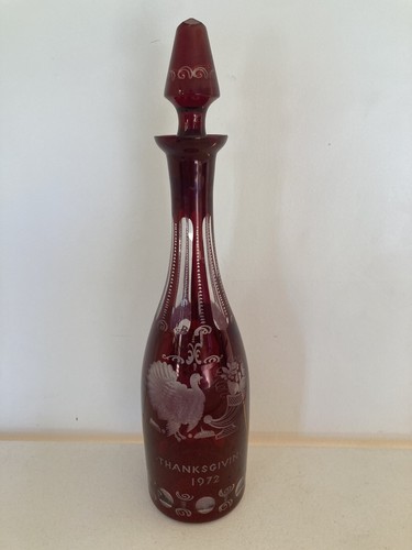 Egermann Decanter THANKSGIVING 1972 Red Bohemian Czech Art Glass Red Cut Clear