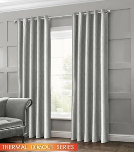 Thermal Woven Dimout Curtain Pair Readymade Eyelet / Ring Top Silver Grey - Picture 1 of 17