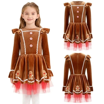 Girls Christmas Gingerbread Man Costume Cute Patch Built-In Briefs Tutu Dress - Image 1 of 3
