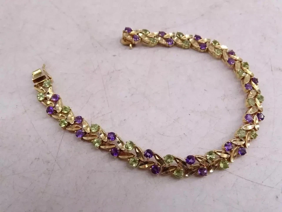 Brazalete Tenis Chapado en Oro Rosa 14k Amatista y Peridoto Simulado Corte Redondo 7 Ct Foto 1 de 4