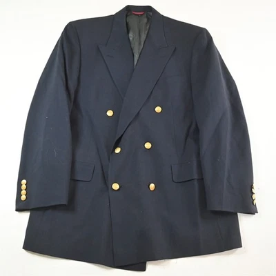 Blazer Abrigo Deportivo De Colección EE. UU. HSM Doble Pecho 44L Azul Marino Dorado Botón Lana Foto 1 de 4