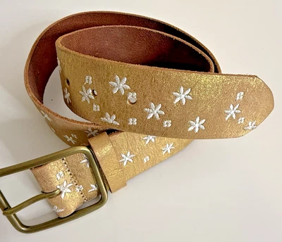 Linea Pelle Womens 2" Wide Leather Belt Gold Floral Embroidered Size L Large - Image 1 of 4