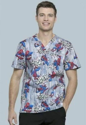 Spiderman Cherokee Scrubs Tooniforms Marvel Mens V Neck Top TF740 XS - Image 1 of 4