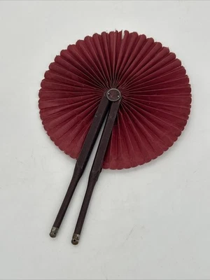 Antique Hand Fan Victorian Cockade Accordion Waxed Linen Red - Image 1 of 4
