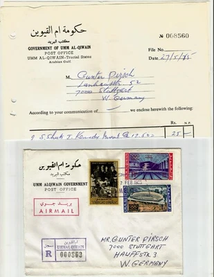 Umm Al Qiwain Emiratos Árabes Unidos 1965 cubierta registrada con contenido original (un recibo de buyi Foto 1 de 4