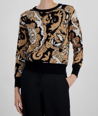 Suéter feminino T Tahari bege preto estampa paisley manga longa tamanho XL - Imagem 1 de 2