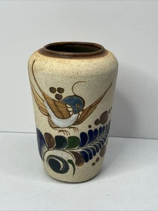 Mexican Tonala Art Pottery Vase Hand Painted Bird Ceramic Sandstone Folk Art - Picture 1 of 8
