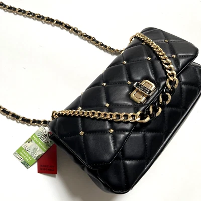 Badgley Mischka Quilted Chain Crossbody Bag Black Gold Vegan Leather Purse NWT - Image 1 of 4