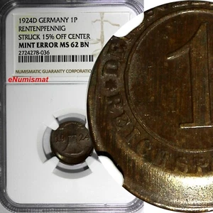 Germany - Weimar 1924 D 1 Reichspfennig NGC MINT ERROR MS62 BN KM# 37 (036) - Picture 1 of 4