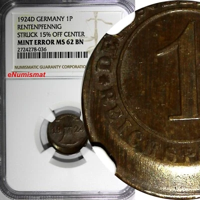 Germany - Weimar 1924 D 1 Reichspfennig NGC MINT ERROR MS62 BN KM# 37 (036) - Image 1 of 4
