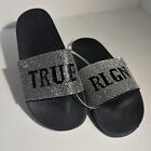 True Religion Meyer Bling Women?s Silver Black Slides Slippers Sandal Size 10
