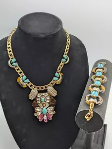 J. Crew Necklace And Bracelet Set Chunky Statement Brass Crystal Tortoise Shell - Picture 1 of 13