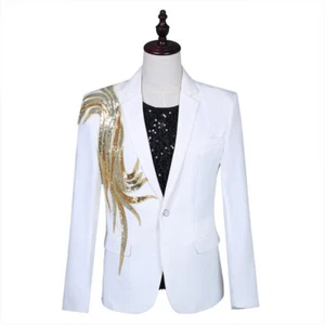 Hombres Traje Blazer Formal Detalle de Lentellera Elegante Vestido Chaqueta Delgada Abrigo Fiesta Showman - Imagen 1 de 9