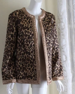 Chico's Sz 2 L Funky Art Glam Gold Reversible Quilted Animal Print Open Jacket - Picture 1 of 10