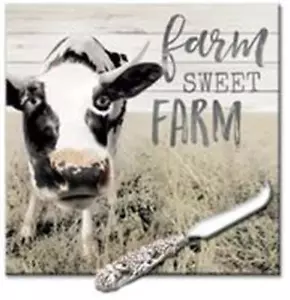 CounterArt Glass Cheese Board Farm Life 8x8 with Spreader Knife - Picture 1 of 1