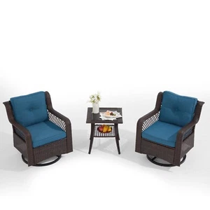 Outdoor Swivel Chairs Set of 2 with TablePatio Rocker Chairs PE Wicker Blue - Picture 1 of 6